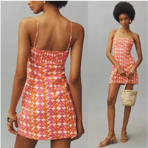 Maeve “The Ophelia” Sleeveless Slim Mini Dress Size 6 Orange/Fuchsia/Ivory Linen - Picture 1 of 13